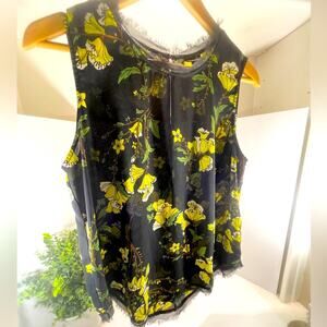 Tropical Flowers Yellow Top with Eyelash Fringe Trim Size L